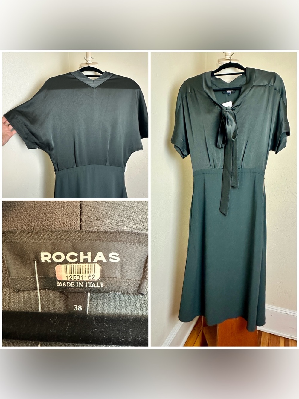 NWT $1373 Rochas Dark Olive Green "Parabola" Midi Dress Made in France Sz 38 M